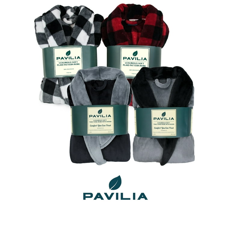 PAVILIA Mens Robe, Soft Plaid Robe for Men, Fleece Warm Long Bathrobe for  Bath Shower Spa with Shawl Collar and Pockets, Plush Microfiber - Black and