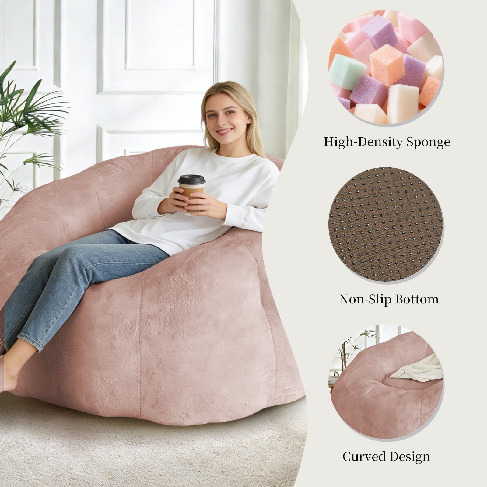 MOONMISS Round Floral Bean Bag Chair Large Soft Body-Contouring Lounger for Living Room Bedroom,Pink