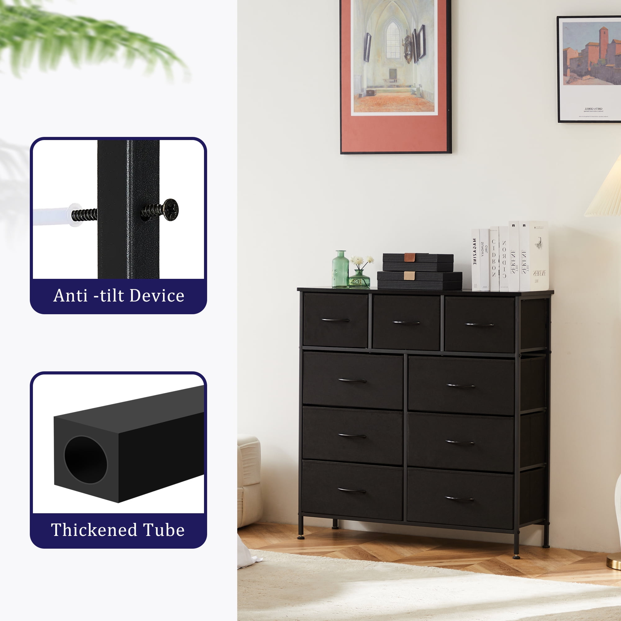 EDX 9 Drawer Dresser, Wide Chest of Drawers Nightstand Storage Tower Storage Fabric Dresser with Wood Top for Living Room, Bedroom, Hallway,Black