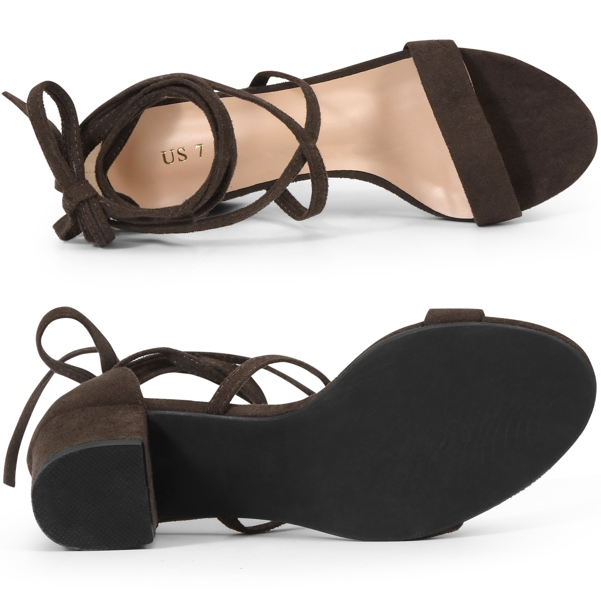 DARING DIVA Women's Lace Up Mid Chunky Heeled Sandals Coffee 7