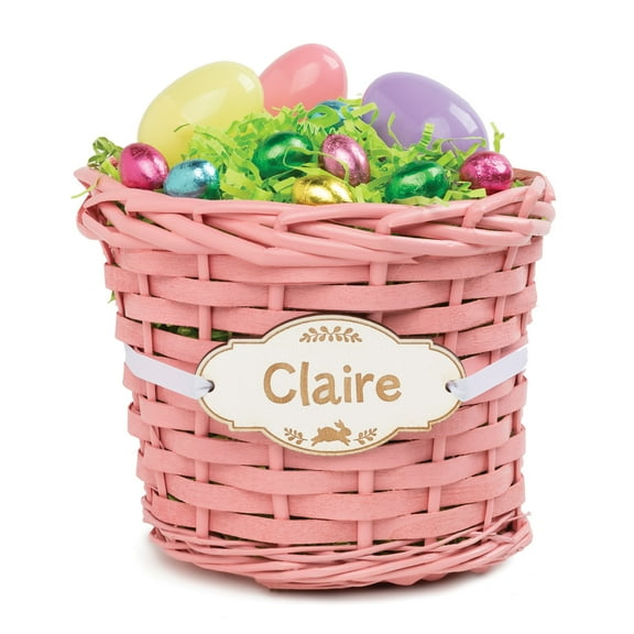 Personalized Pink Wicker Bucket and Name Plaque