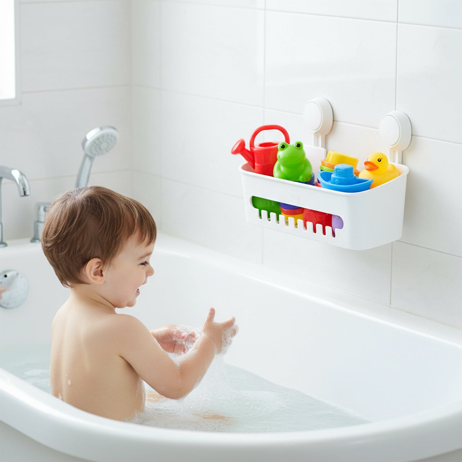 Pethiy Bath Toy Organizer with Strong Suction Cups, Quick Drainage Bath Toy Storage Basket with Hooks for Kids’ Bathroom (White)