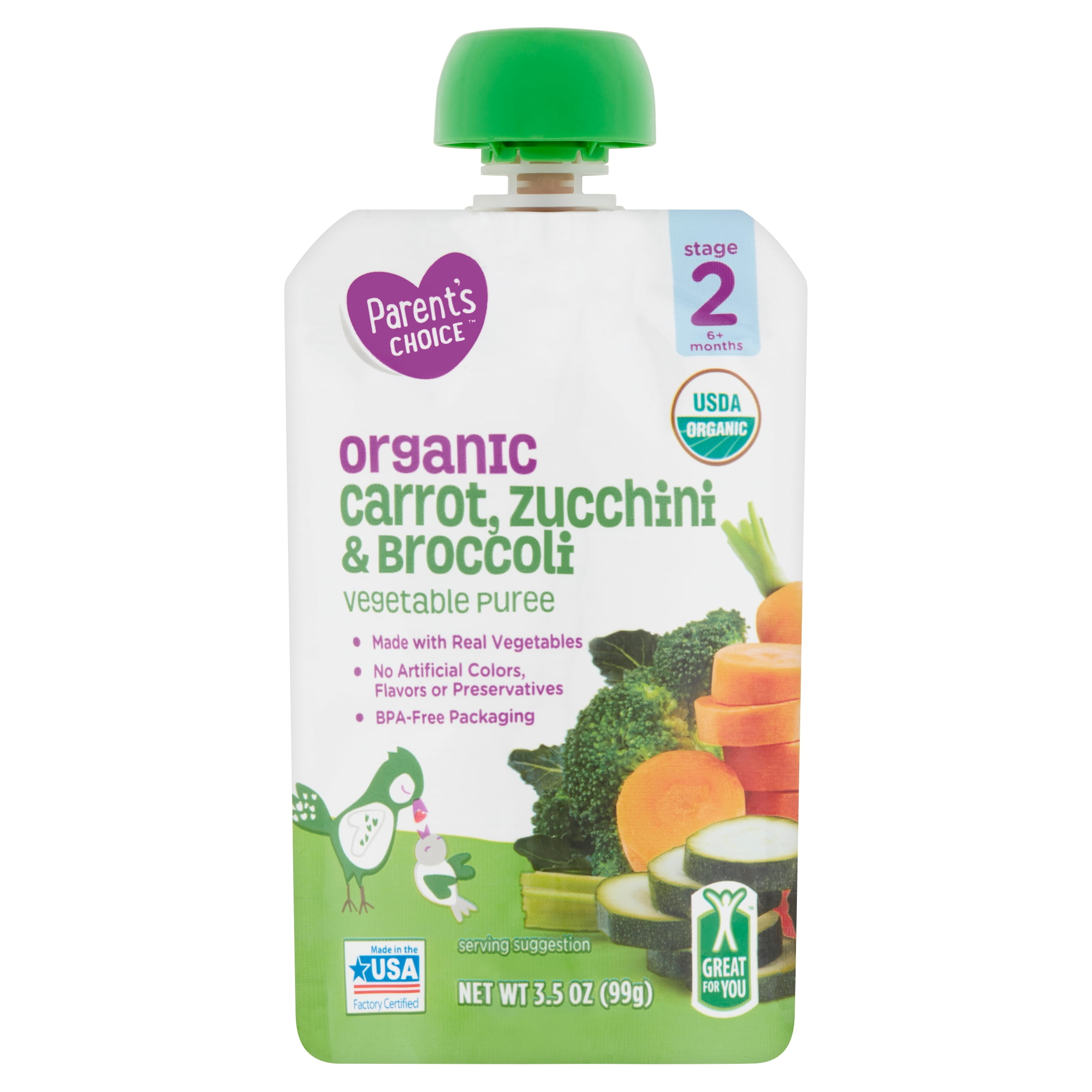 Parent's Choice Organic Stage 2 Baby Food, Carrot Zucchini Broccoli, 3.5 oz Pouch