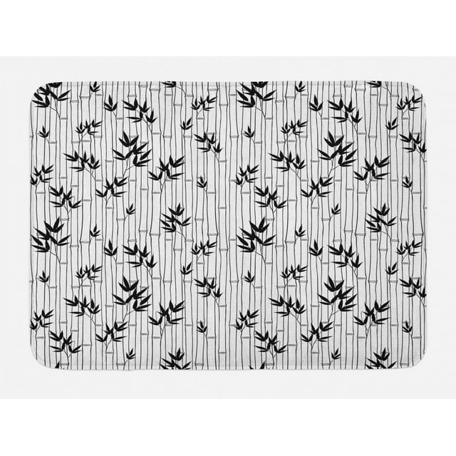 Asian Bath Mat, Monochrome Bamboo Pattern with Leaves Asian Foliage