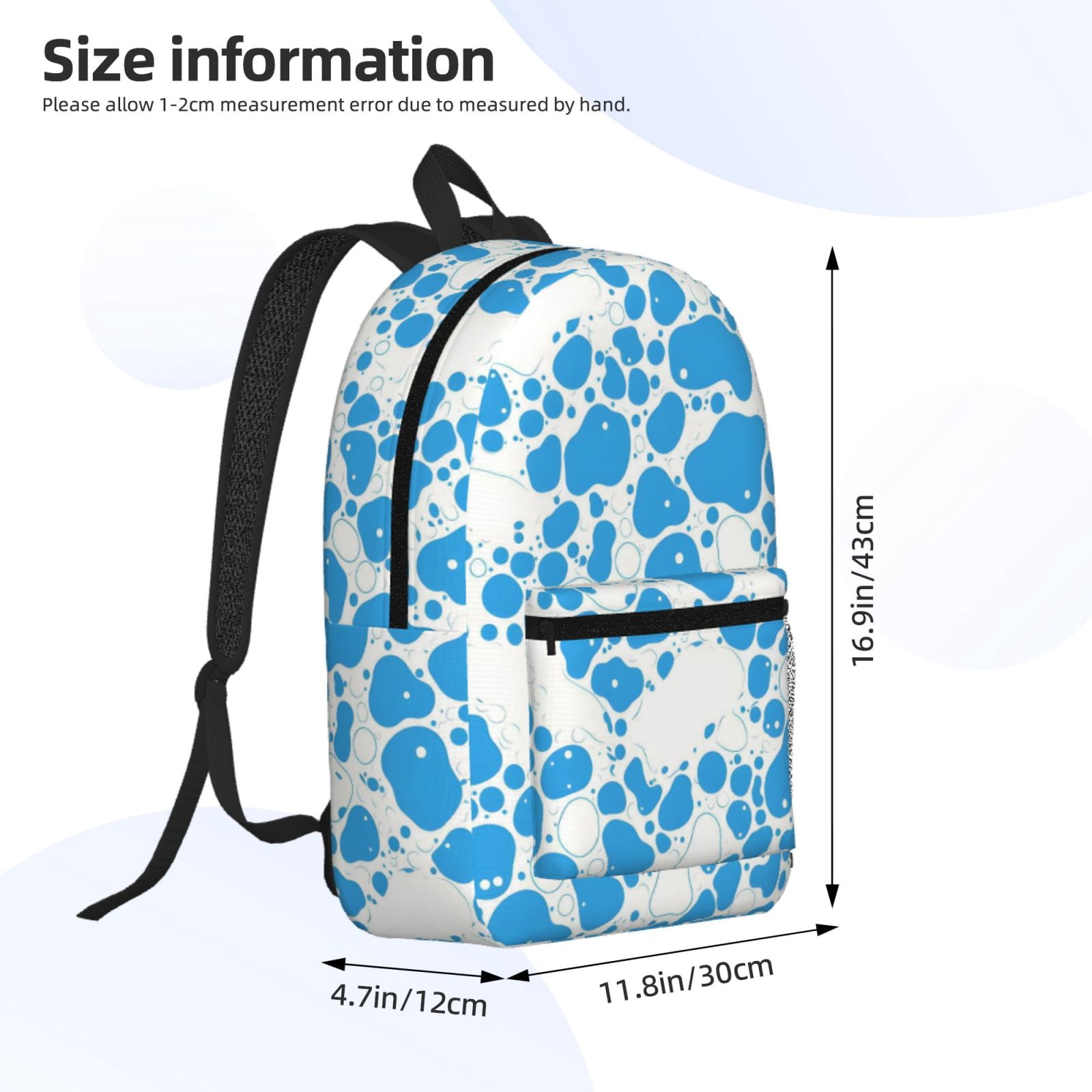 17in Backpack With Pocket Adjustable Shoulder Strap Large Capacity Zipper Opening And Closing Double Pull Head Zipper For Work Travel Sports Milk Cow Skin Print Style Powderblue_3