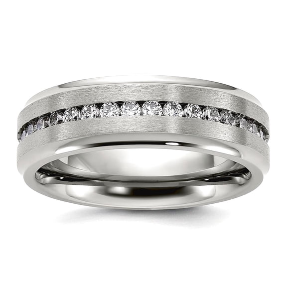 Titanium Polished With Brushed Center and Cubic Zirconia 7mm Band Size 8.5 Ring for Women and Men