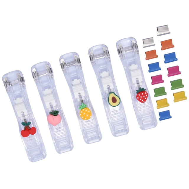 Suministros de Oficina Grapadora de Empuje Portátil de Mano Pequeño Clip de Almeja de Papel Rápido Reutilizable, Empujador y 100 Clips de Acero Inoxidable - Frutas