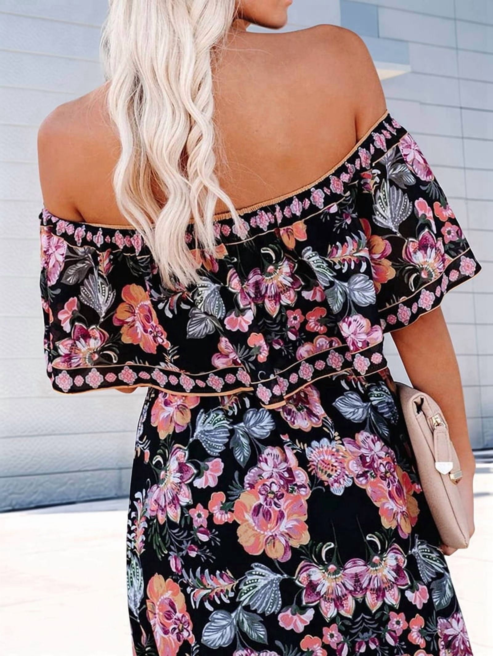 Women'S Mexican Dress Summer Floral Print Off the Shoulder Sleeveless Beach Long Maxi Dress Black L