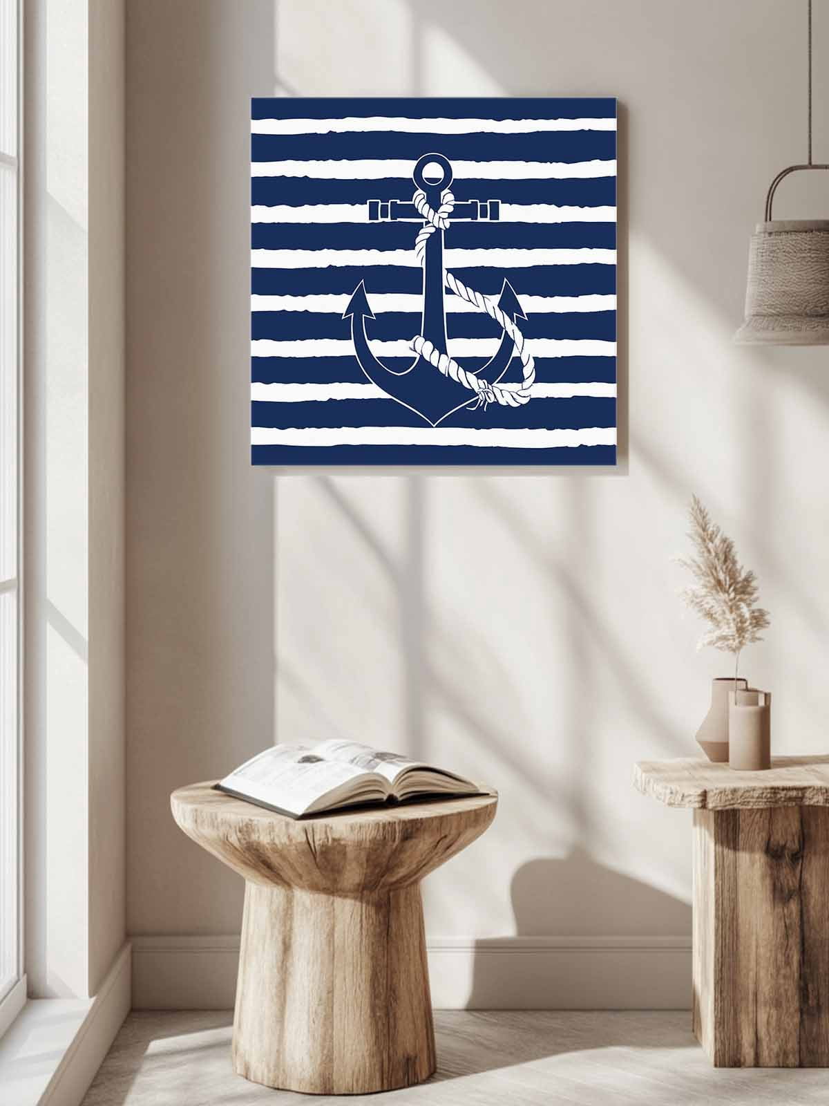 Nautical Canvas Wall Art, Navy Blue and White Striped Retro Anchor Framed Wall Decor Modern Artwork Prints Painting for Living Room, Bedroom, Kitchen & Cafe Decor 12x12 Inch