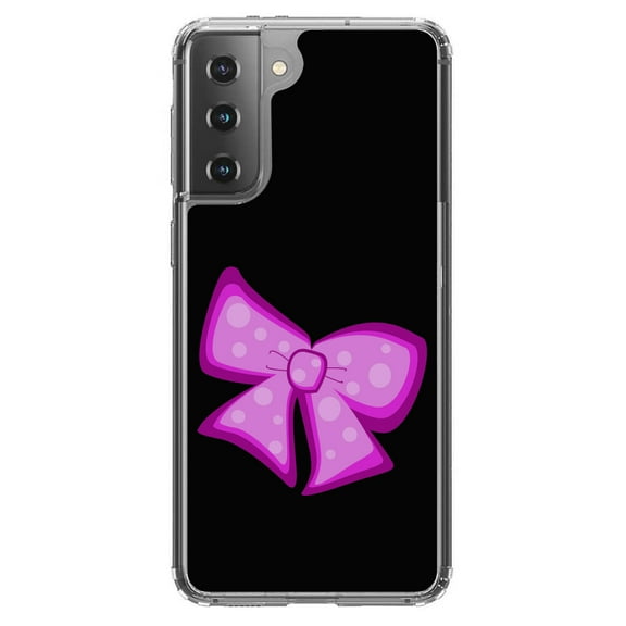 DistinctInk Clear Shockproof Hybrid Case for Galaxy S21  PLUS 5G (6.7" Screen) - TPU Bumper, Acrylic Back, Tempered Glass Screen Protector - Pink Black Bow Ribbon - Cartoon Bows / Ribbons