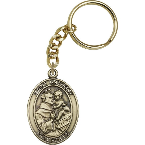 Antique Gold-Plated St. Anthony Keychain 1 7/8 x 1 1/4 inches