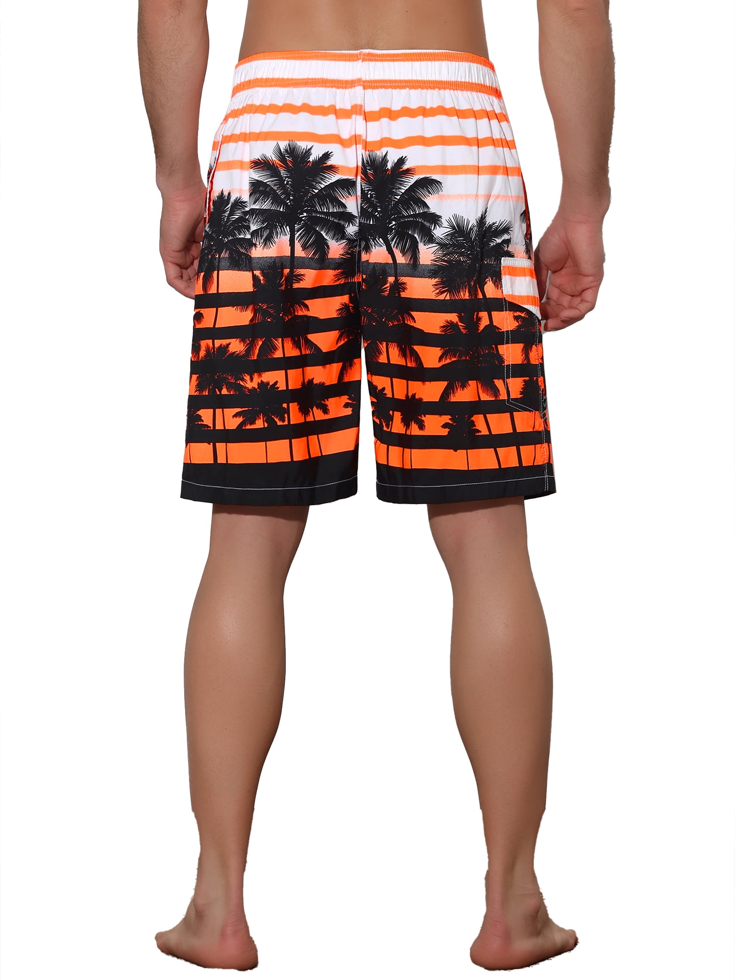 Unique Bargains Men's Color Block Tropical Trees Printed Striped Beach Shorts 36 Orange