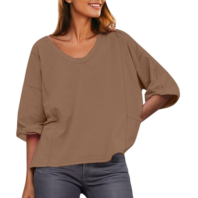 Plebaso Womens Oversized T-Shirts with Pockets Casual Short Sleeve Tee Solid Color Summer Loose Blouses