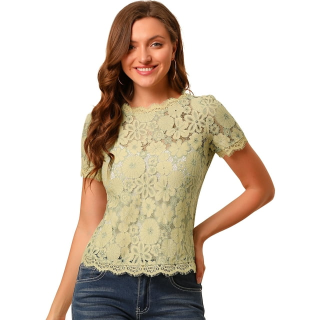 INSPIRE CHIC Haut en Dentelle Florale Semi-Transparente à Bord Festonné pour Femme