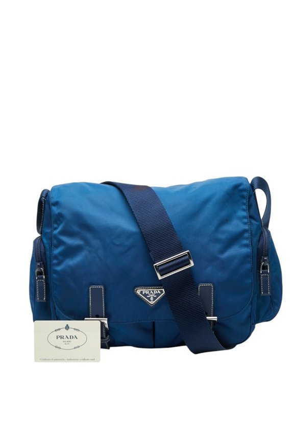 Pre-Owned Prada Triangle Logo Plate Tessuto Crossbody Shoulder Bag Messenger BT0503 Blue Nylon...