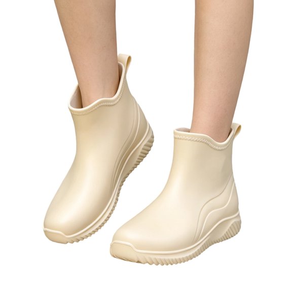 HTHLVMD Ankle Rain Boots, Waterproof Low Cut Ankle Rain Boots Casual Outdoor Strolling, Wave Textured Slip On Footwear Holiday Travel Wearing, Flexible Rubber Working Shoes, Beige 5.5