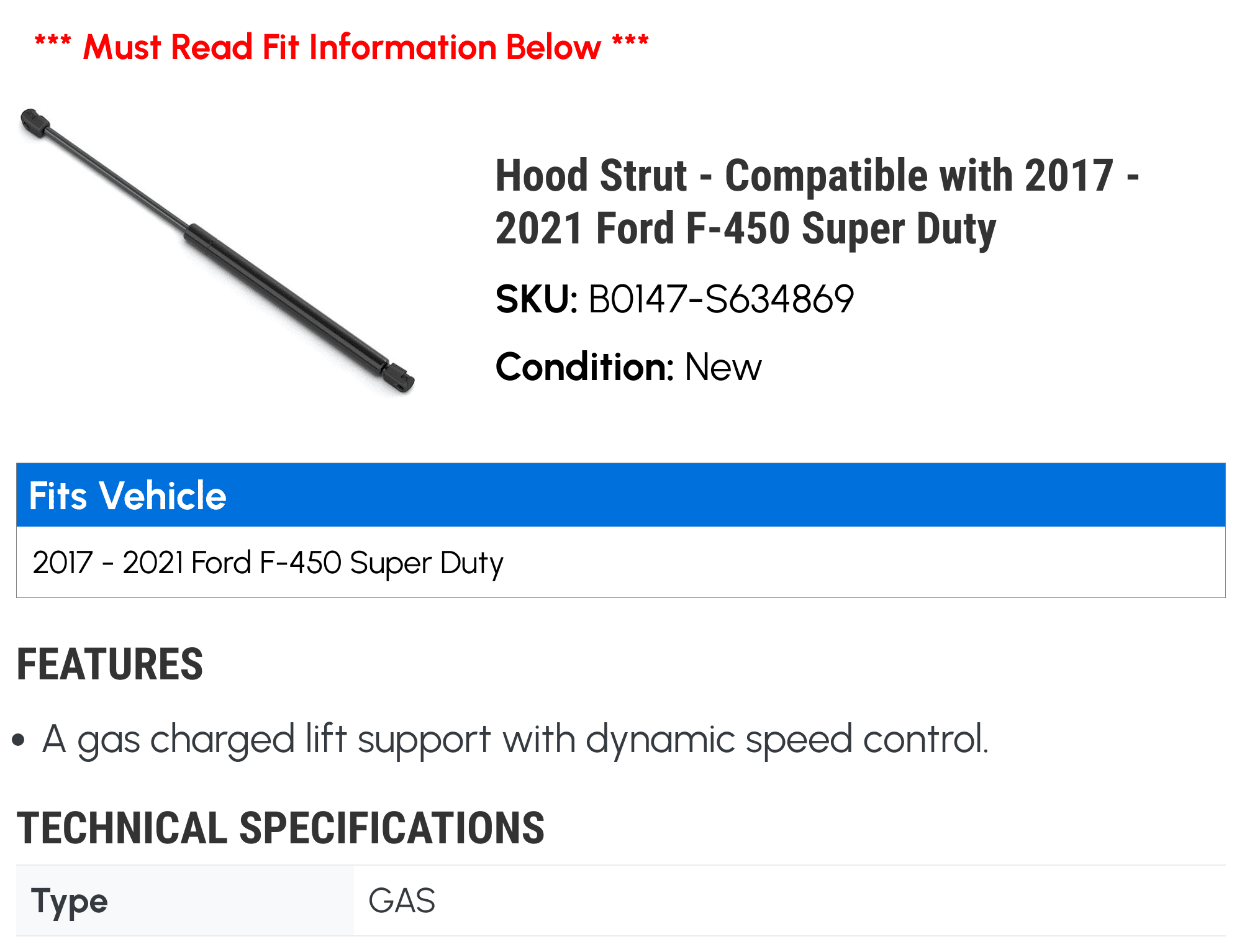 Hood Strut - Compatible with 2017 - 2021 Ford F-450 Super Duty 2018 2019 2020