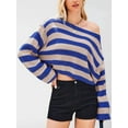 thumbnail image 3 of Women'S Long Sleeve Striped Sweater Oversized Crop Top One Shoulder Loose Fit Casual Baggy Short Pullover Sweater Blue L, 3 of 8
