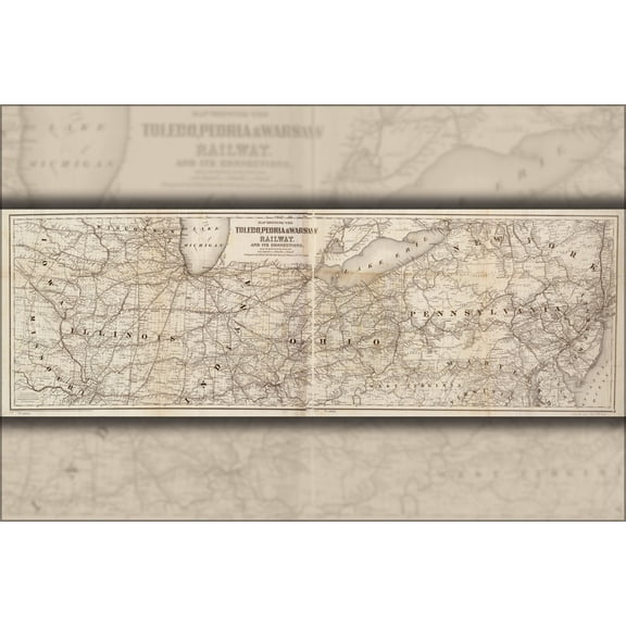 24"x36" Gallery Poster, Map Toledo Peoria Warsaw Railway 1867