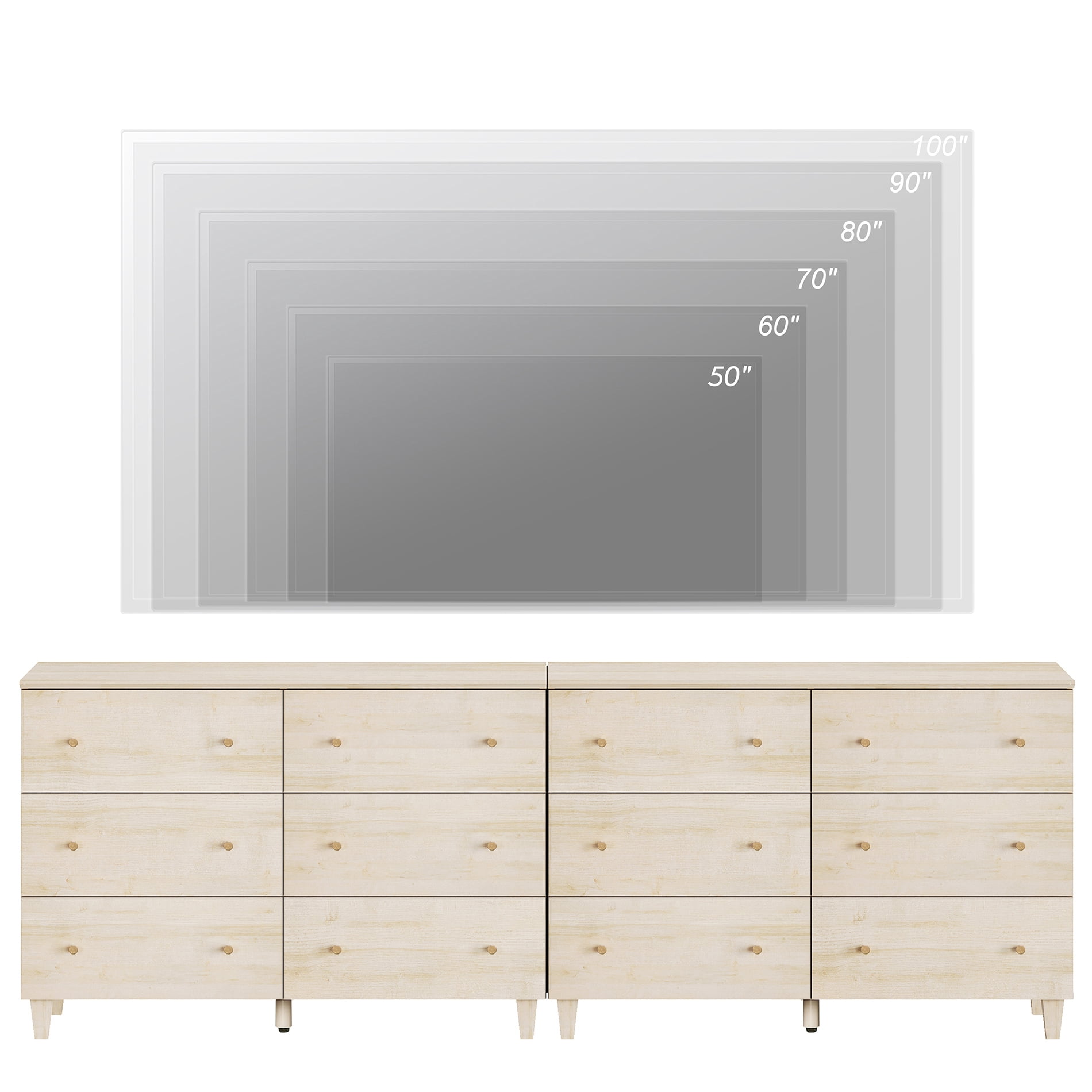 WAMPAT TV Stand Cabinets for 100+ Inches TVs, 2-in-1 Modern Wooden Media Console with 12 Spacious Drawers for Living Room, Light Oak