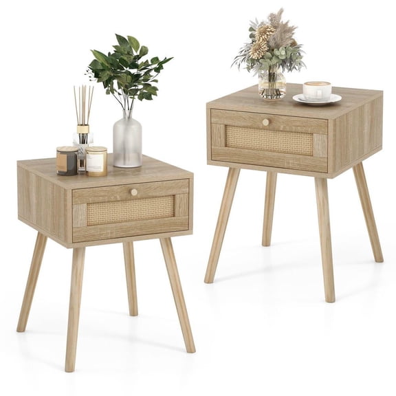 Resenkos Set of 2 Modern Rattan Nightstands – Each with Drawer   Solid Wood Legs, Bohemian Side Tables for Bedroom/Living Room, Natural