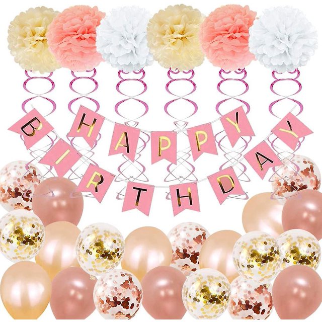 Decoraciones de cumpleaños, Feliz Cumpleaños Para Niñas Y Mujeres Incluye 52 unidades de Banners de Oro Rosa Globos Para el 18 ° 19 ° 20 ° 21 ° 24 ° 25 ° 30 40 ° 45 ° Feliz Sencillez