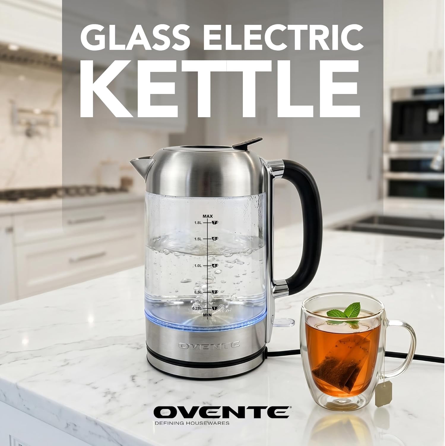 OVENTE Electric Kettle, 1500W No Plastic 1.8L Tea Kettle and Hot Water Boiler For Coffee or Tea, Easy to Fill Lid, Auto Shut-Off, Borosilicate Glass with Stainless Steel Filter, Silver KG71S