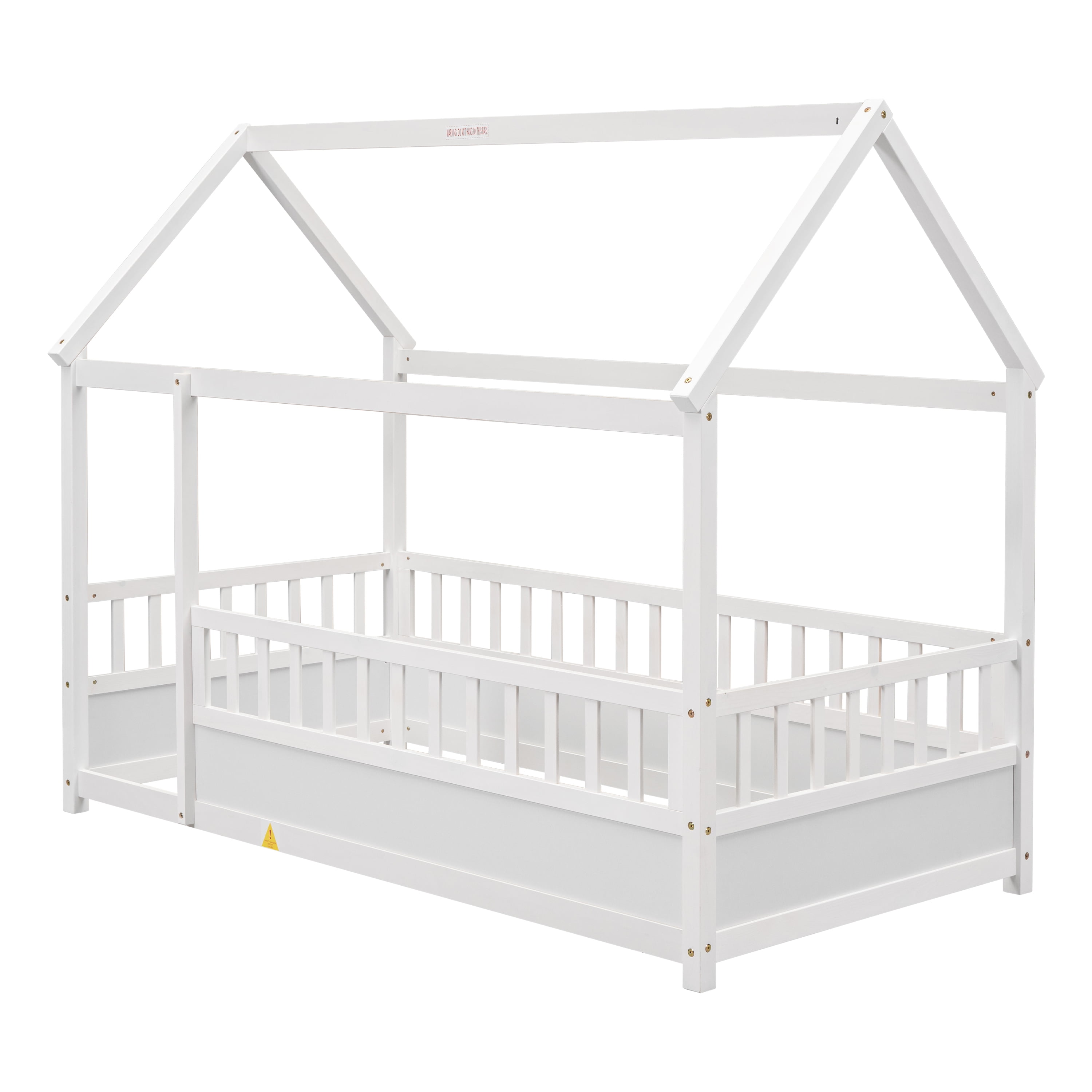 Floor Wooden Bed with House Roof Frame, Twin Size Fence Guardrail Bed for Kids, White Pine Wood Children's Bedroom Furniture, 20-Inch High Fence with Roof Structure