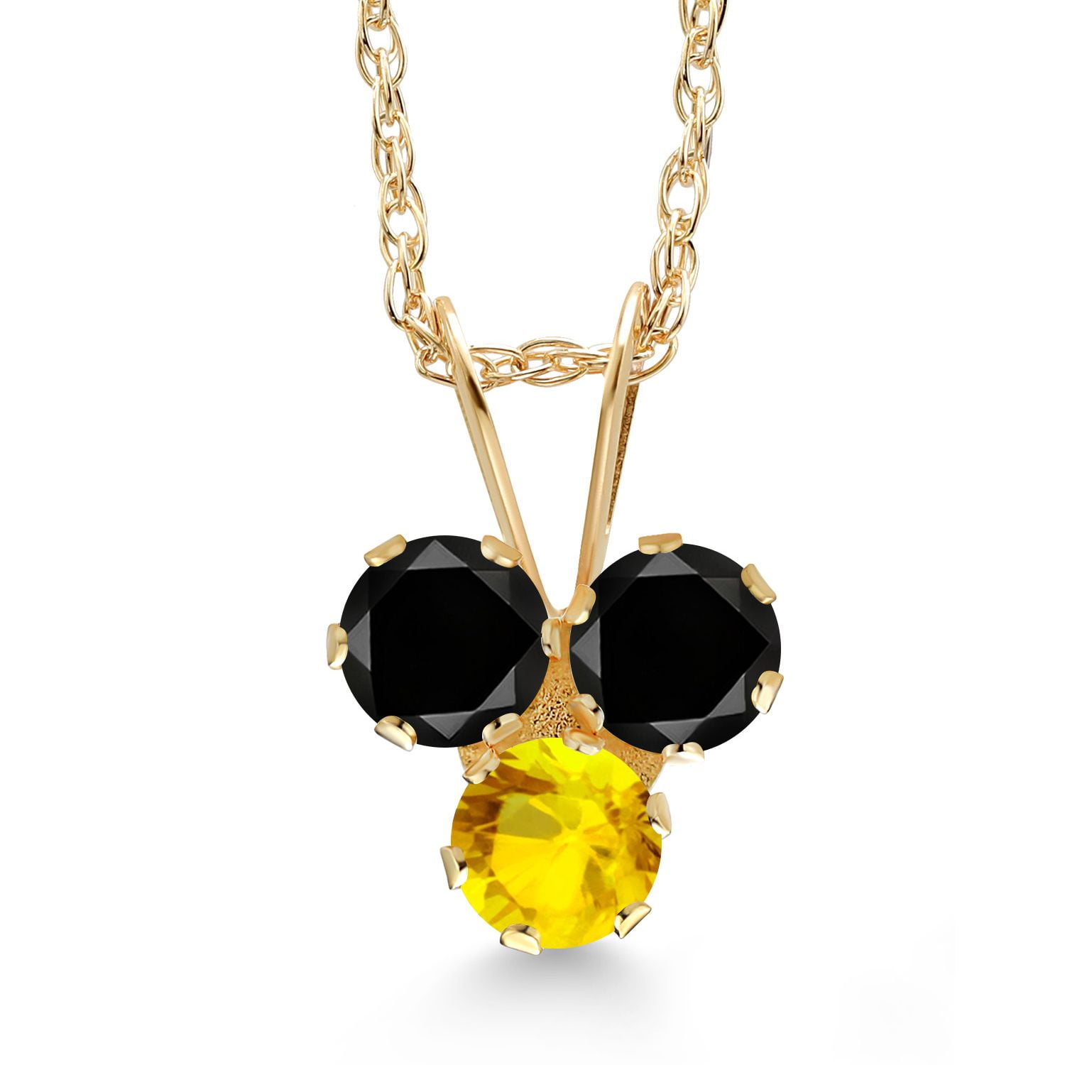 Gem Stone King 14K Yellow Gold Black Diamond and Yellow Sapphire 3-Stone Pendant Necklace for Women (0.33 Cttw, Gemstone April Birthstone, Round 3MM, 18 inch Chain)