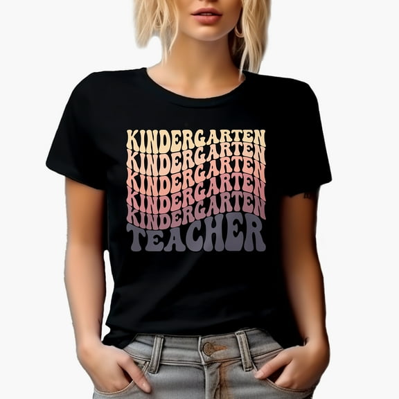 Kindergarten Teacher, School or Teaching Profession Themed, Groovy Retro Wavy Text Merch Gift, Black T-Shirt, Small