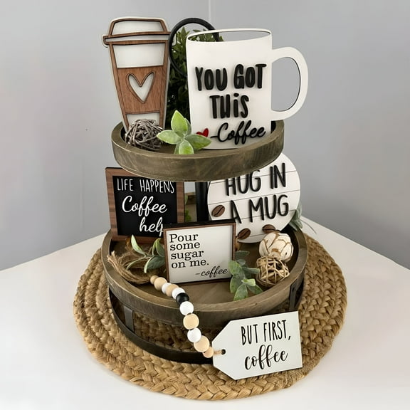 LAMIRO Home Ornament Coffee Bar Decoration Farmhouse Layered Tray Decoration Wood Logo Coffee Cup Wood Pearl Ring Rural Layered Tray Kitchen Table Decoration Home Decor