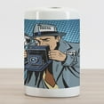 thumbnail image 2 of Paparazzi Ceramic Toothbrush Holder, Photographer Man Taking Pictures Comic Book Style Journalism Graphic, Decorative Versatile Countertop for Bathroom, 4.5" X 2.7", Petrol Blue Grey Teal, 2 of 4