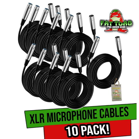 Fat Toad Microphone Cables (10 Pack) - 20 ft Professional Pro Audio XLR Mic Cord Patch with Female & Male Connector - 20 AWG Shielded Wire and Balanced for Recording Studio Mixer Live Sound Stage Gear