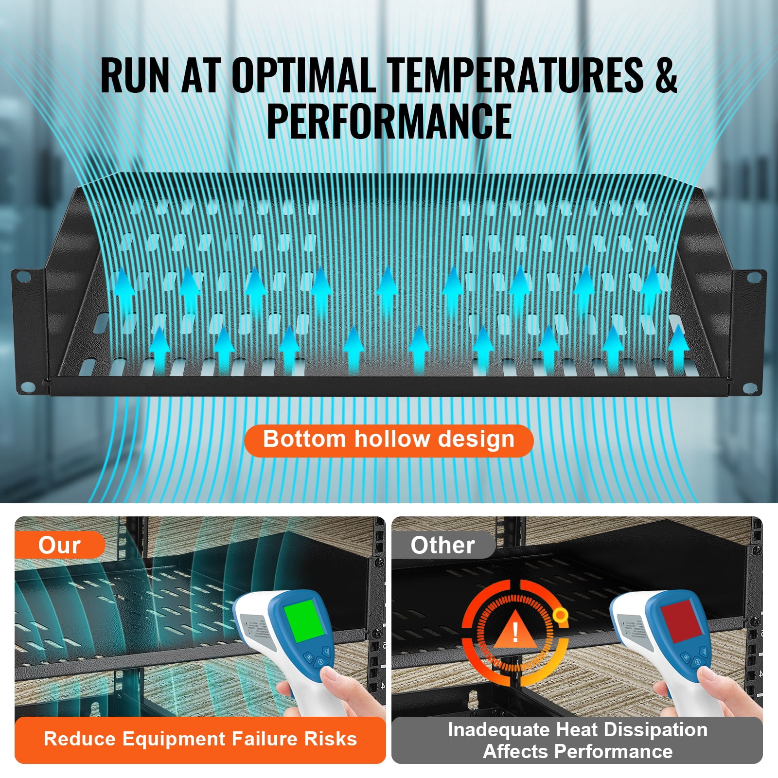 KFFKFF 2U Cantilever Server Shelf, 406mm Deep, Supports up to 22.68kg, Ventilated Design for Enhanced Cooling, Suitable for 19"/482.6mm Data Cabinets