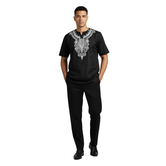 Men 2pc Stacy Adams leisure suit Linen Cotton With Embroidery 3670 Black white