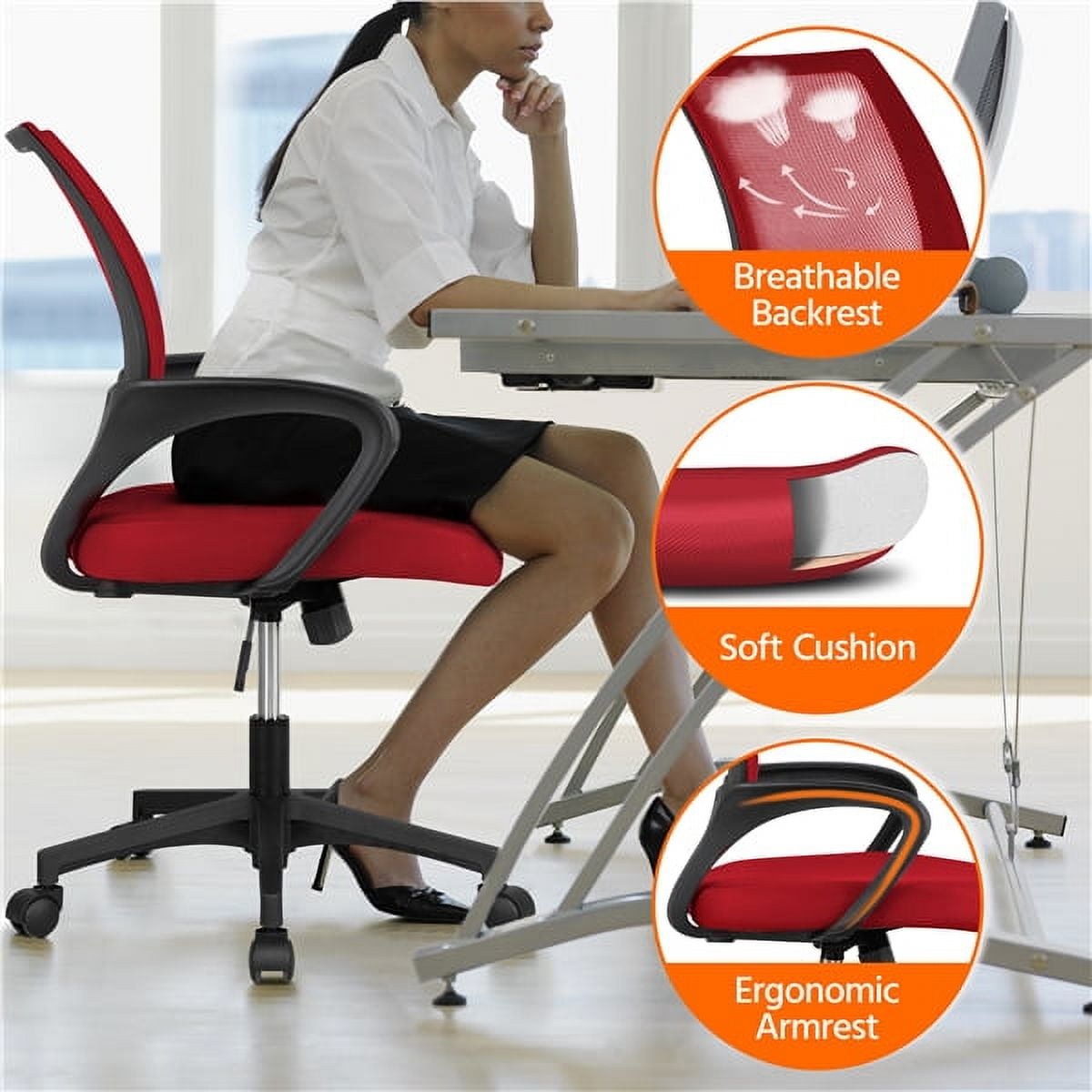 Alden Design Ergonomic Adjustable Mid Back Mesh Swivel Office Chair with Armrests, Red