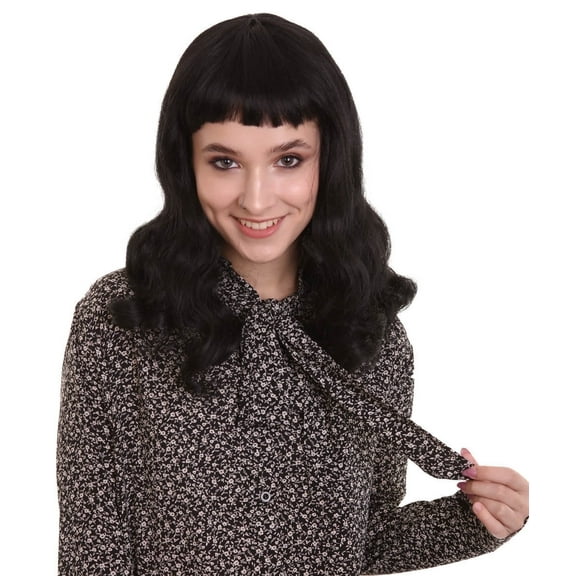 HPO Adult Women's Black Color Wavy Shoulder Length Trendy Bettie Halloween & Cosplay Wig