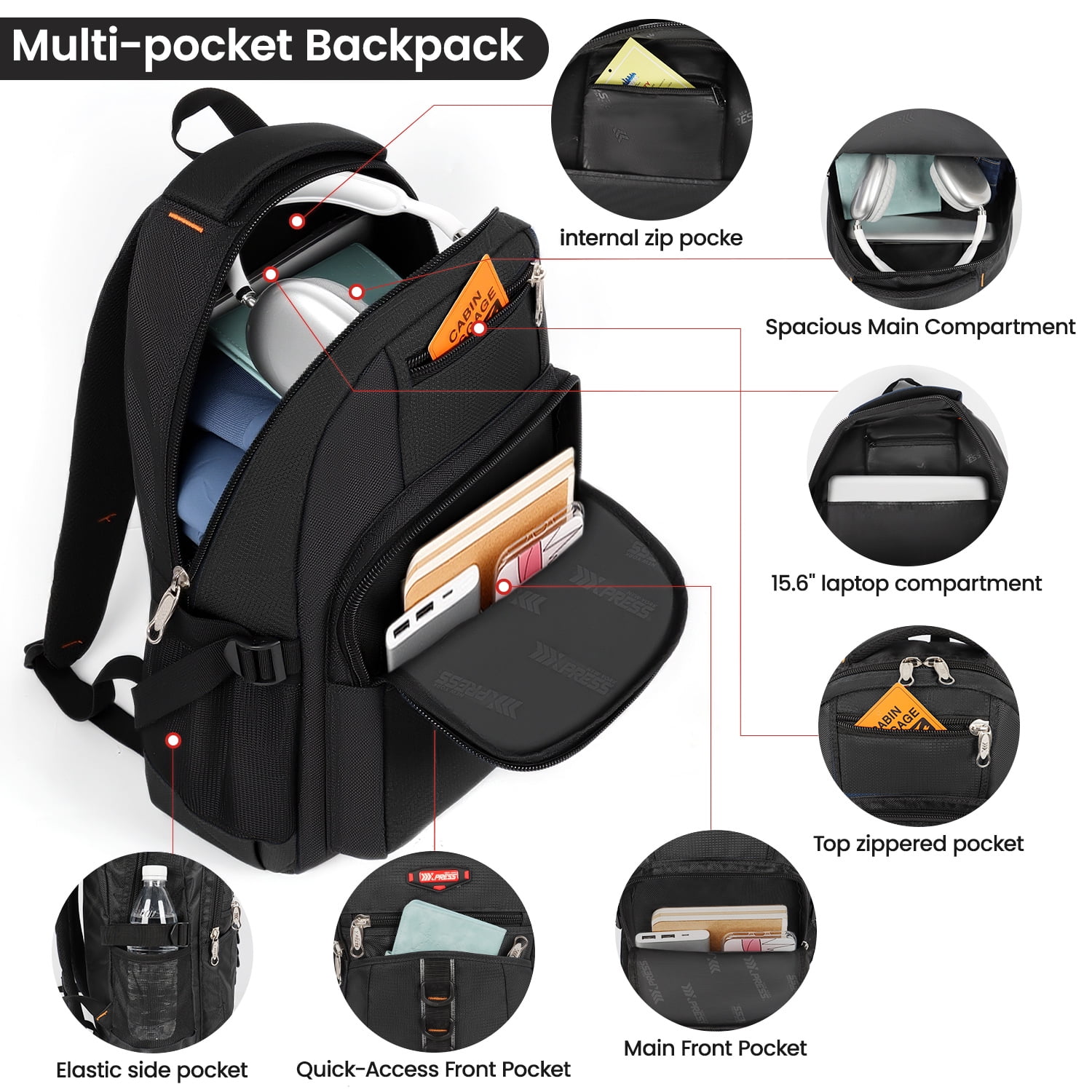 Travel Backpack for Men Women Water-resistant Multi-Pocket Bag Lighweight Casual Work Hiking Daypack School Bookbag, Black, BP8017