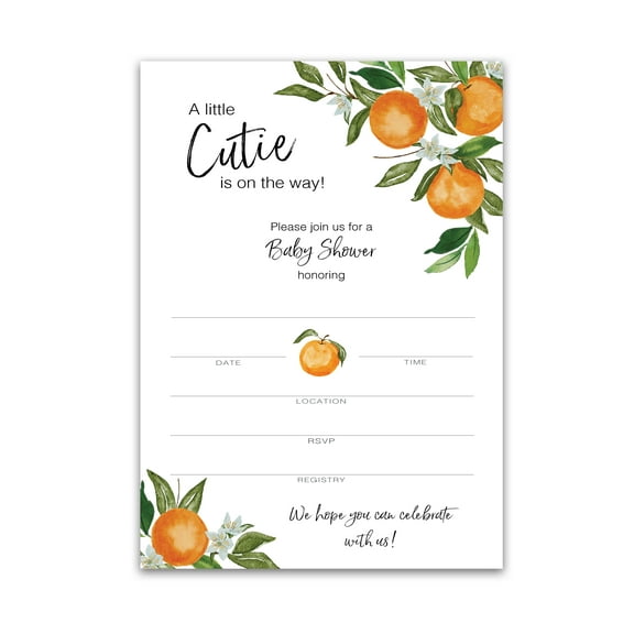 A Little Cutie is on the Way Invitation — Pack of 25 — Gender Neutral Orange Baby Shower Invitations, Citrus Baby Shower Theme, 5”x7” Invites for Couples Coed Shower, Blank fill-in Invites I350-INV1