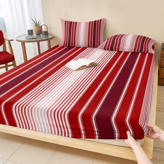 King Size Fitted Sheet Set - Red Vertical Striped 3 Piece Bedding Sets 16" Deep Pocket Fitted Sheet with 2 Pillowcases, Farmhouse Minimalist Abstract Lines Brushed Microfiber Hotel Luxury Bed Sheets