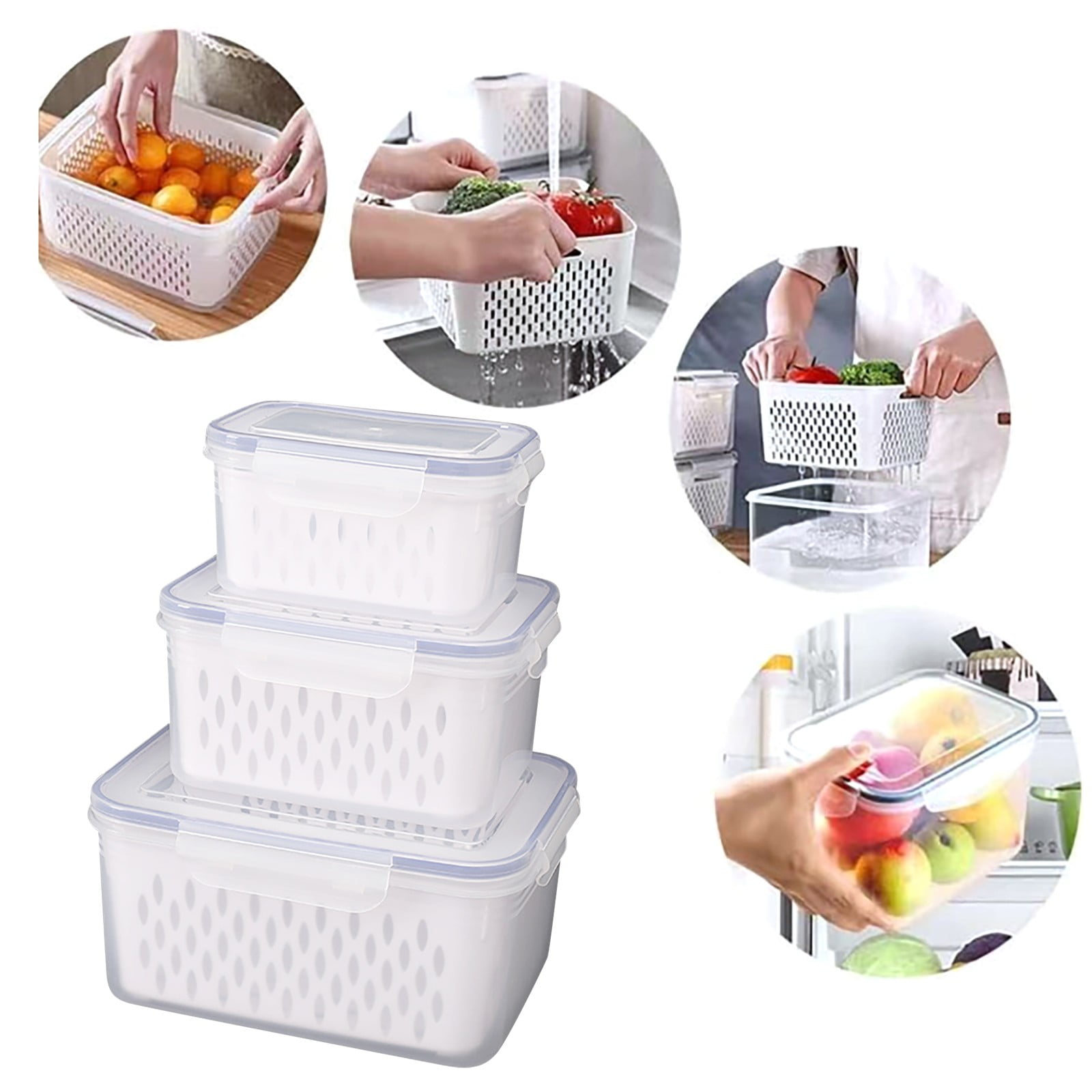 XKHAZA Fruit Containers for Fridge - Leakproof Food Storage Containers with Removable Colander - Dishwasher & microwave safe Produce Containers Keep Fruits, Vegetables, Berry, Meat Fresh longer
