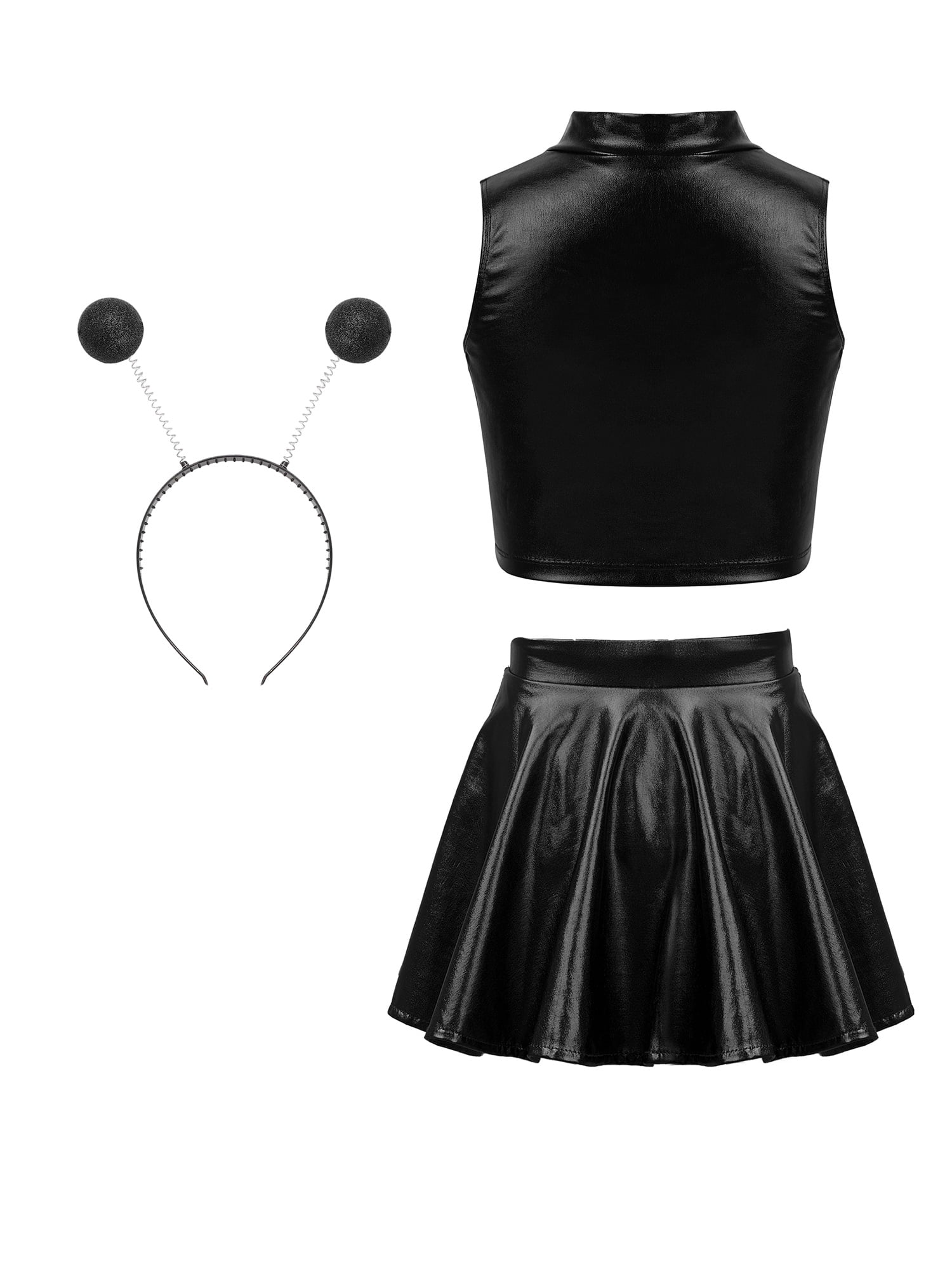Doomiva 3Pcs Space Alien Outfit for Girls Holographic Metallic Skirt with Crop Top and Hair Hoop Set Black 14