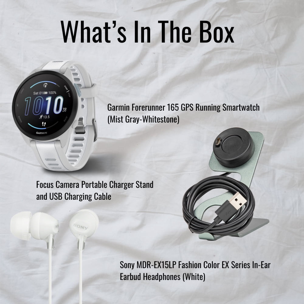 Garmin Forerunner 165 GPS Running Smartwatch (Mist Gray-Whitestone) Bundle with Focus Camera Charger Stand for Garmin Smartwatches and In-Ear Earbud Headphones (White) (3 Items)