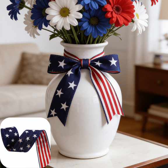 CuiLiyq Patriotic Ribbons, American Flag Double Sided Star Striped Wired Ribbon, Red Blue White Ribbons for Memorial Day 4th of July Independence Bowknot DIY Crafts