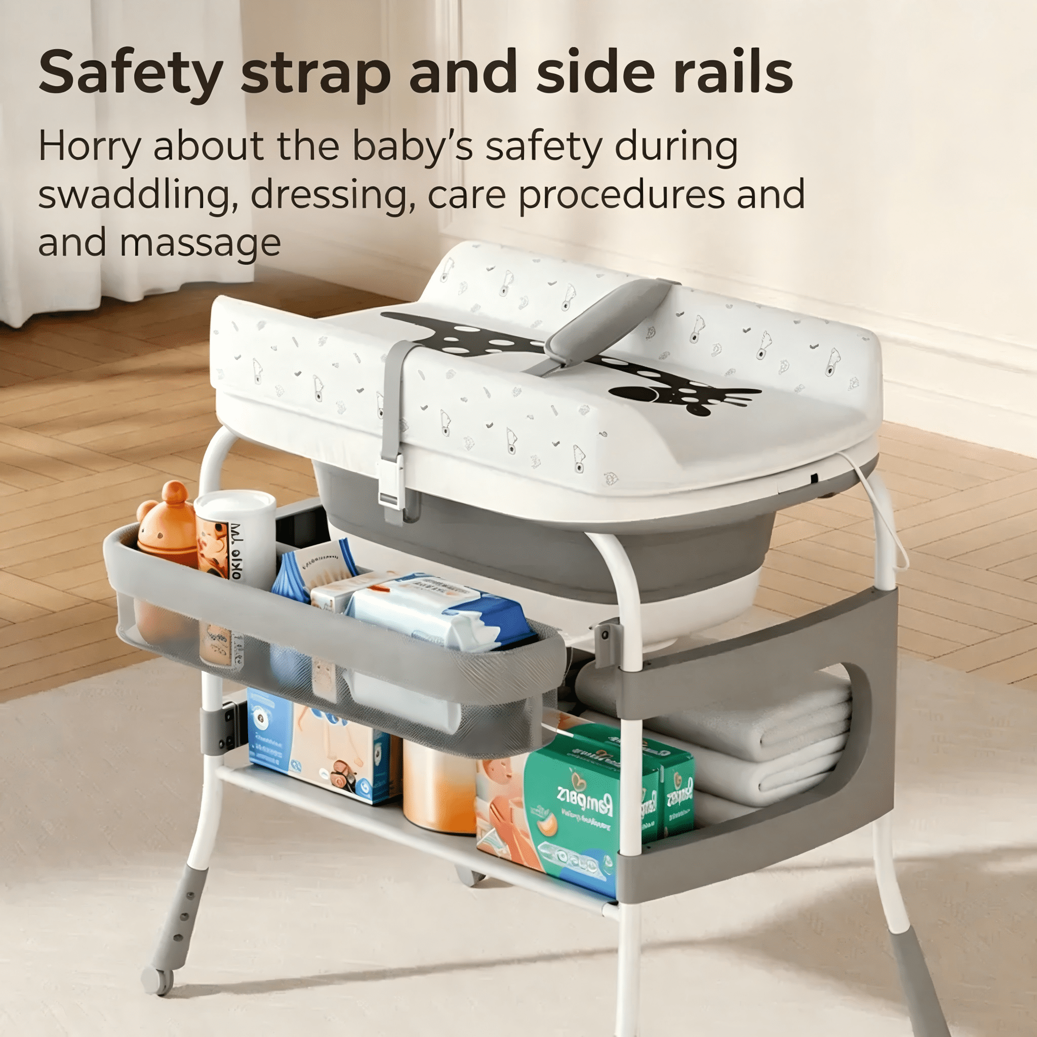 2-in-1 Baby Changing Table with Bathtub, Adjustable Height Diaper Station with Built-in Thermometer, Safety Strap & Storage Baskets, 50KG Load Nursery Organizer with Wheels for Newborns