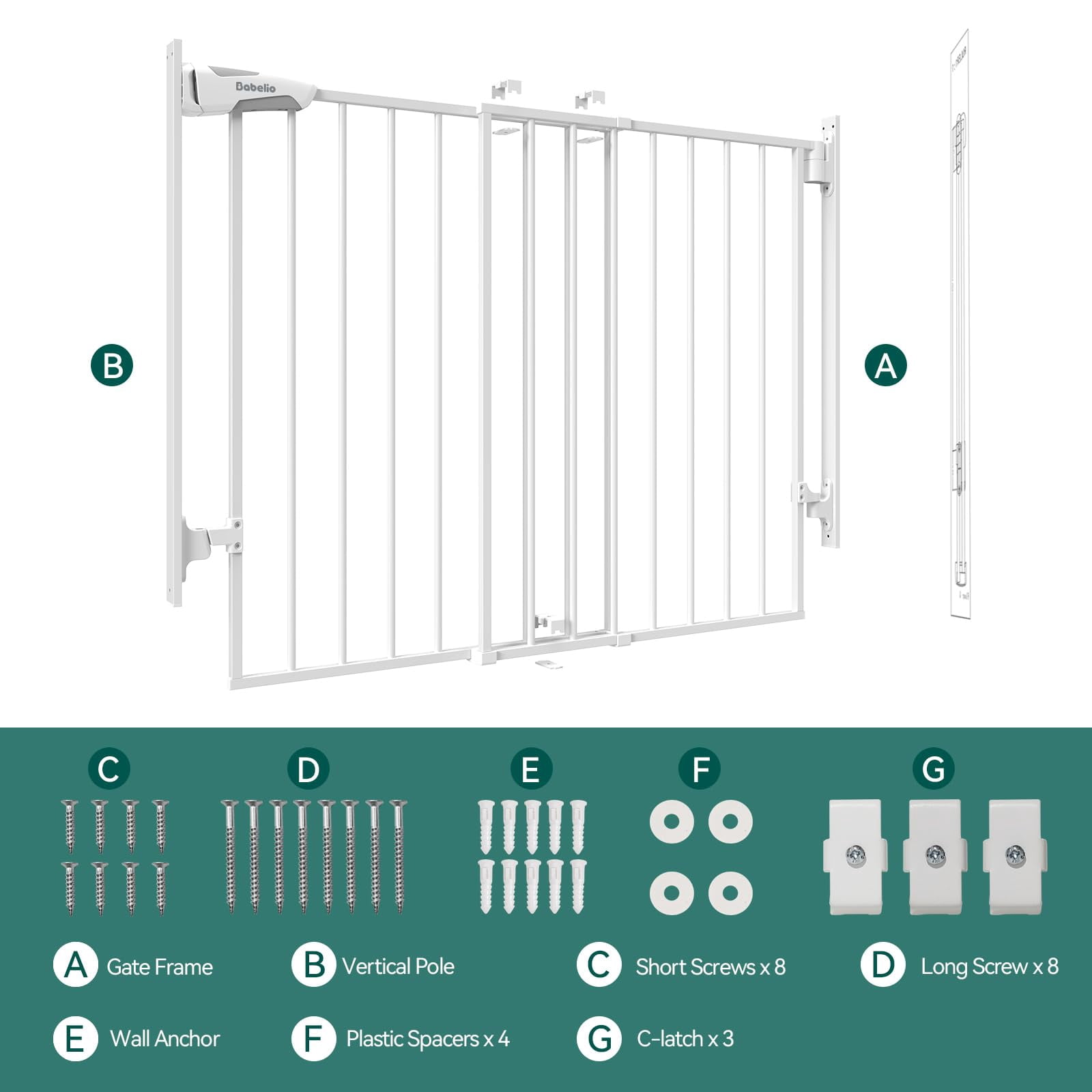 Gate for Stairs & Doorways, 26-43" W 34" H Extra Tall| No Bottom Bar| Easy Installation| One-handed Operation| Auto-close| Hardware Mount (Drill Needed) Safety Dog/Pet Gate Indoor (White)
