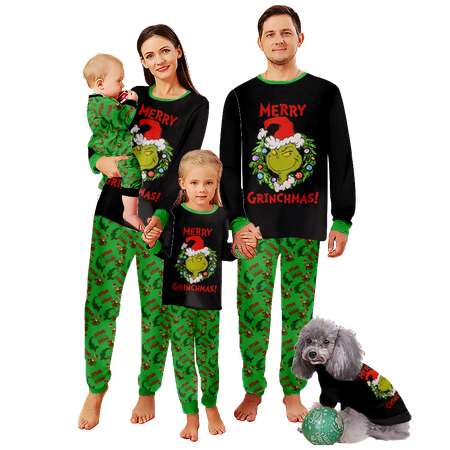 

FUNIER Holiday Family Matching Christmas Pajamas Sets Green Santa Cartoon Printed Sizes Baby-Kids-Adult-Pet Top and Pants Bodysuits Sleepwear Pajamas Set