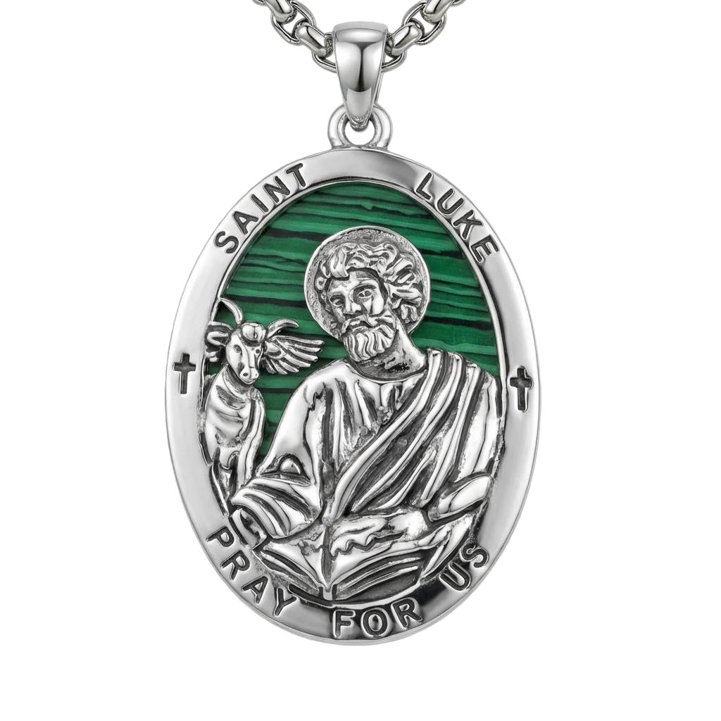 YAFEINI Saint Luke Medal St Luke Pendant Necklace for Men Oval St. Luke Medal Protection Jewelry Religious Gifts (06-St Luke (Oval Malachite))