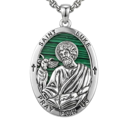 MYSTICPOEM Saint Luke Medal St Luke Pendant Necklace for Men Oval St. Luke Medal Protection Jewelry Religious Gifts (06-St Luke (Oval Malachite))