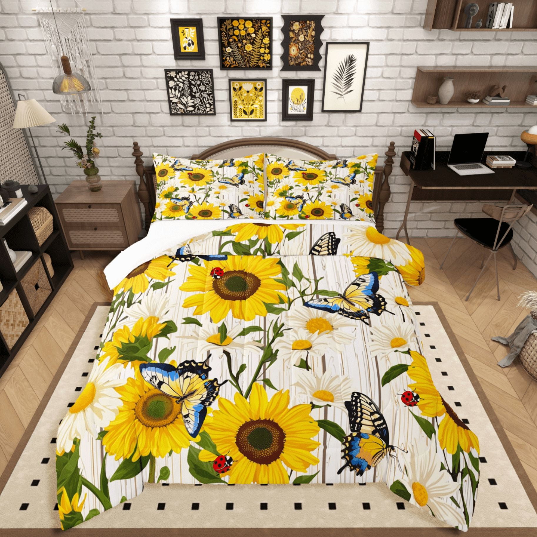Castle Fairy Floral Sunflower 3pcs King Size Comforter Sets Flying Butterfly Bedding Comforter Set Lodge Cabin Super Cozy Bedding Set Super Cozy Rustic Room Decor